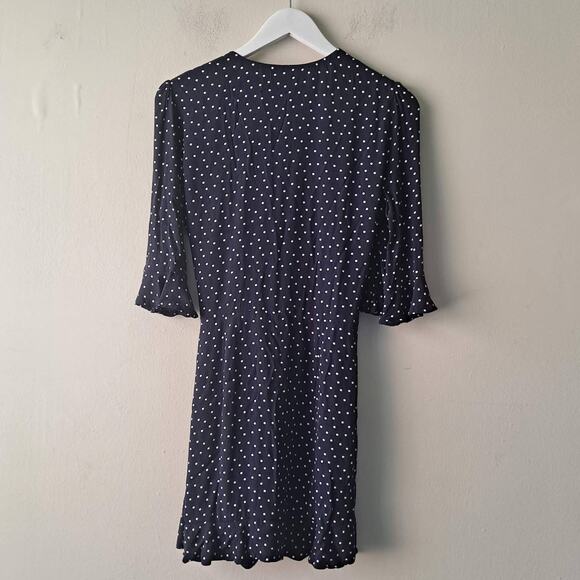 Loft Navy Blue Polka Dotted Short Bell Sleeve Ruffle Wrap Romper Dress - Size 2 - Picture 4 of 13